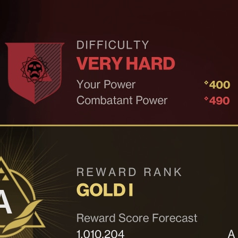 A red shield sits next to a column of information with the label Difficulty. The column contains a large difficulty name rendered in the same red as the shield: Very Hard. Two statistics are listed below that, Your Power (400) and Combatant Power (490).