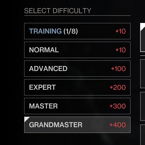 A set of buttons under a heading that reads Select Difficulty. Each of the buttons has a difficulty name and, on the right side, a red number featuring Destiny 2's symbol for Power next to it.