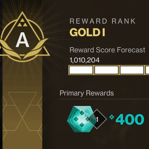 A large, shining, filigreed frame surrounds a large A rating. To its right, a Reward Score Forecast informs the player that their expected score is 1,010,204. Below it, a Primary Rewards section tells them they will get a teal tier 4 reward at 400 Power.