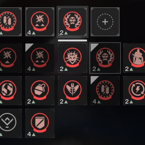 A grid of icons with white (circular, diamond-shaped, or hexagonal), red (circular with a downward notch), and green (circular, with an upward notch) frames. Some have boxes around them, indicating that they can be changed, while others do not, indicating that they cannot be changed. Four of them have numbers below them and to the right, all +20 except for one which has a +10.