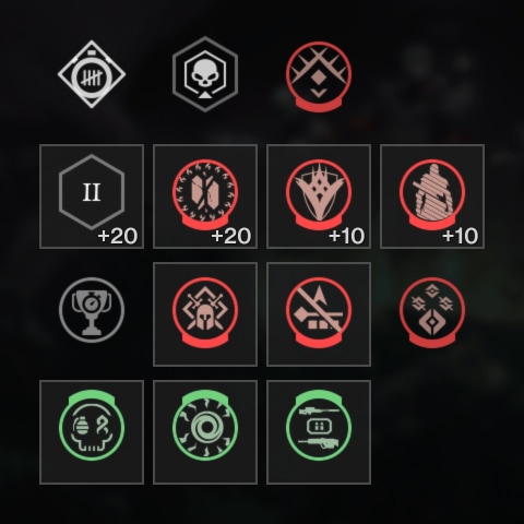 A grid of icons with white (circular, diamond-shaped, or hexagonal), red (circular with a downward notch), and green (circular, with an upward notch) frames. Some have boxes around them, indicating that they can be changed, while others do not, indicating that they cannot be changed. Four of them have numbers below them and to the right, all +20 except for one which has a +10.