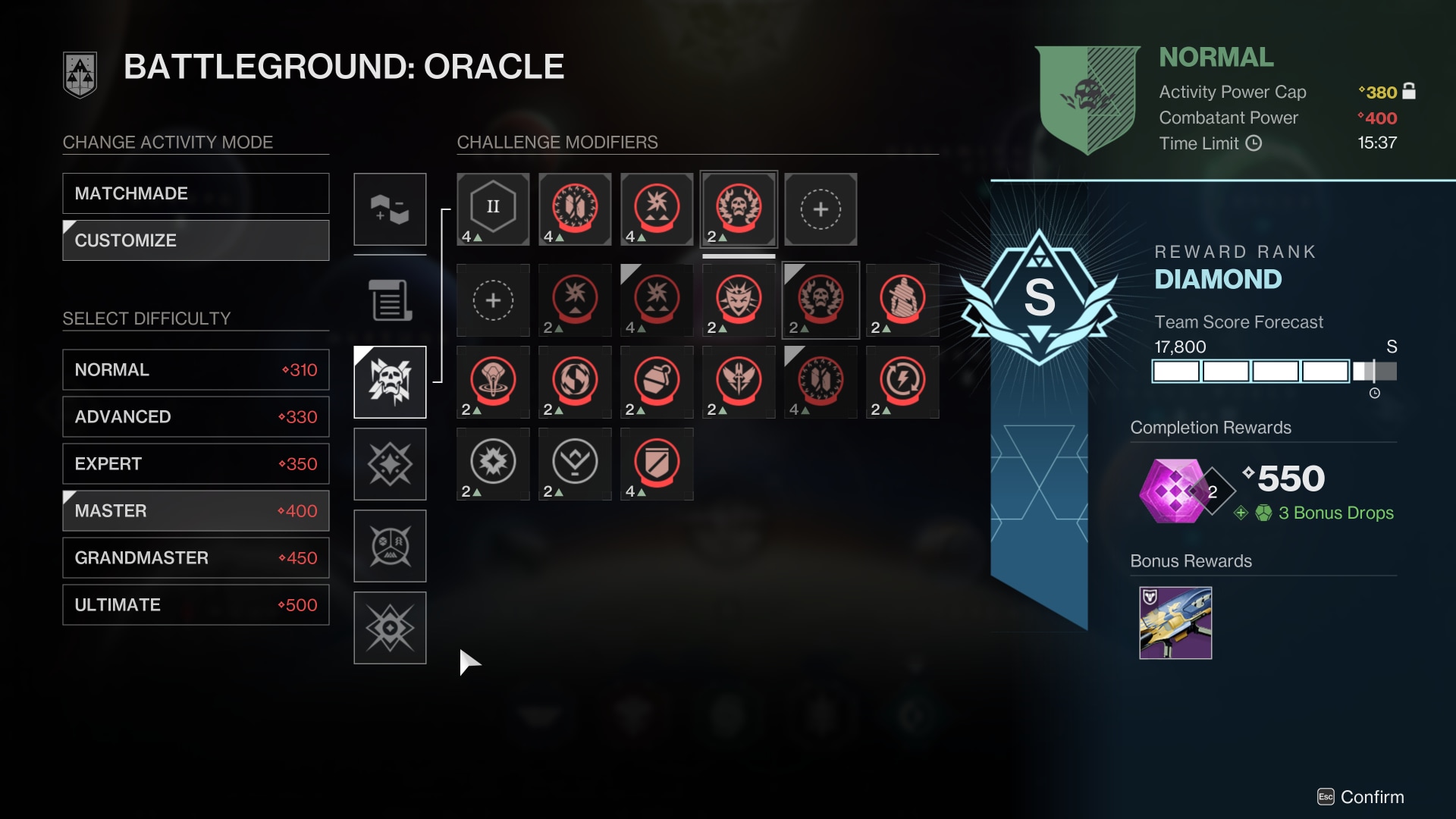 A menu organized into three distinct vertical slice sections. On the left, two sets of buttons are present for selecting between 'Matchmade' and 'Customize' activity modes and selecting between available difficulties for the activity mode. In the middle, there is a grid-based UI full of selectable modifiers, represented as icons with different frames and colors based on their gameplay effect, flanked on the left by modifier categories. On the right, a difficulty section tells the player the expected difficulty is 'Normal' based on the Activity Power Cap and the Combatant Power and that there is a Time Limit of 15 minutes and 37 seconds. Below the difficulty section, a heraldic banner features a shining badge with an S rating in the middle flanking a section that displays the rewards they can expect to receive based on their Team Score Forecast of 17,800. A bar depicts their Team Score Forecast progress against the thresholds for each score rating, and at the end of the bar is a dithered section capped with a line that points down to a clock icon.