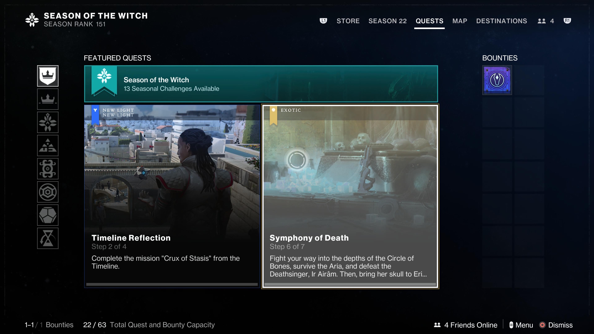 Destiny 2 quests screen, showing several category buttons on the left. On the far right, two columns of bounties. In the middle, a section has the Featured Quests heading. Below it is a full-width button for accessing Seasonal Challenges. Below that sit two large panels that each take up half the width of the section. Both panels feature large background images, banners at the top that respectively read 'New Light' and 'Exotic', and details sections below that provide the quest name and description.