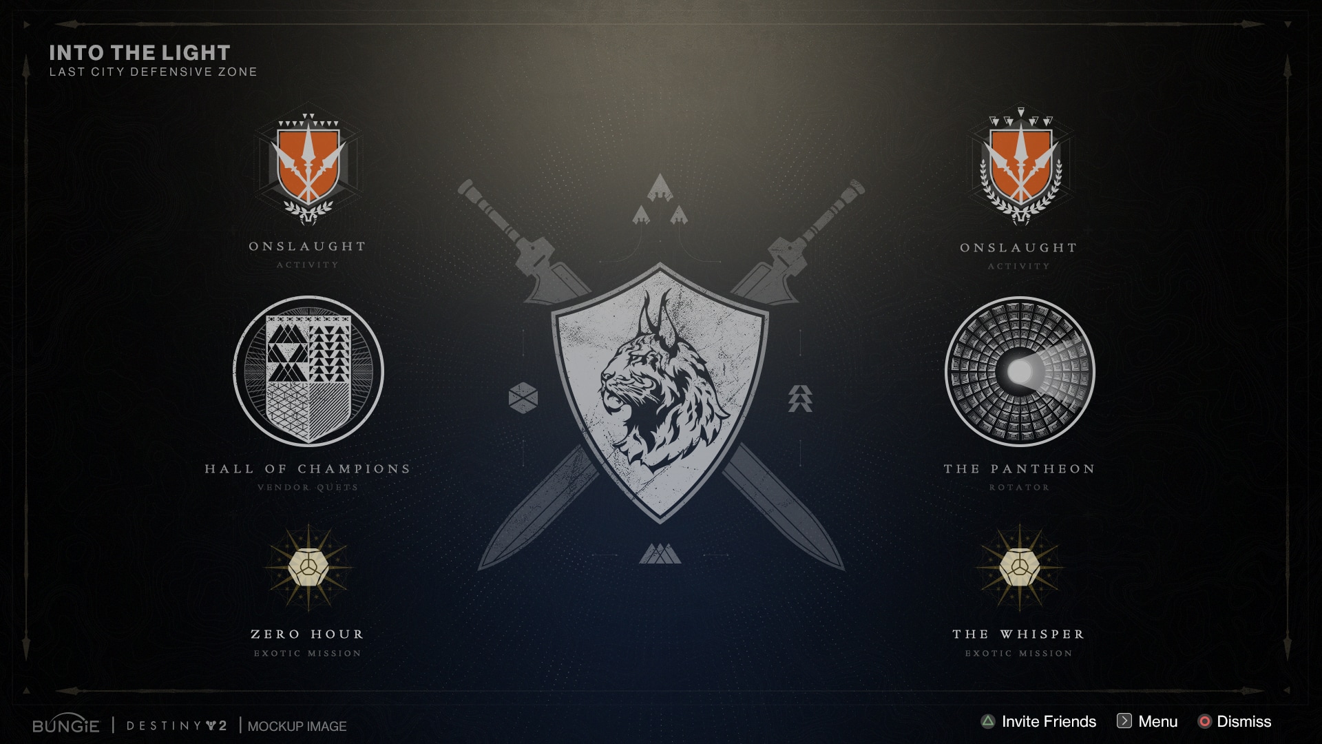 A dark screen featuring blue lighting at the bottom and pale yellow-ish lighting at the top. In the center lies an abstract, flat-rendered shield featuring a regal bust of a lynx-like cat facing stoicly to the left. Behind the shield lie two crossed swords, similarly abstract and flat-rendered. Above the shield are three ships flying in formation, while each of the other cardinal directions features a symbol related to one of the three classes in Destiny. On the left and right side of the screen lie activity nodes for two difficulties of onslaught, two exotic missions, a location called the Hall of Champions, and a boss rush mode titled The Pantheon.