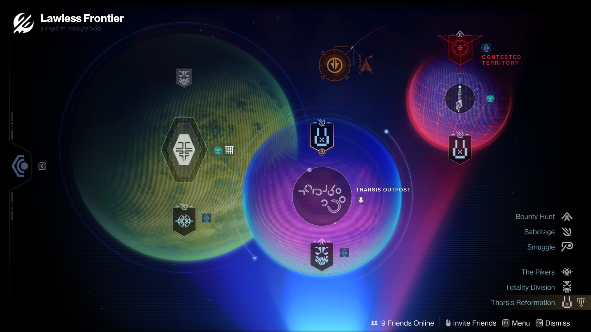 A screen that looks like a hologram projector showing colorful projections of three destinations: Venus, Mars, and Europa. Europa is contained within a pink-red cage and an area near its top is labeled Contested Territory. In the center of the Mars projection is a large circle with an icon in the center labeled Tharsis Outpost.