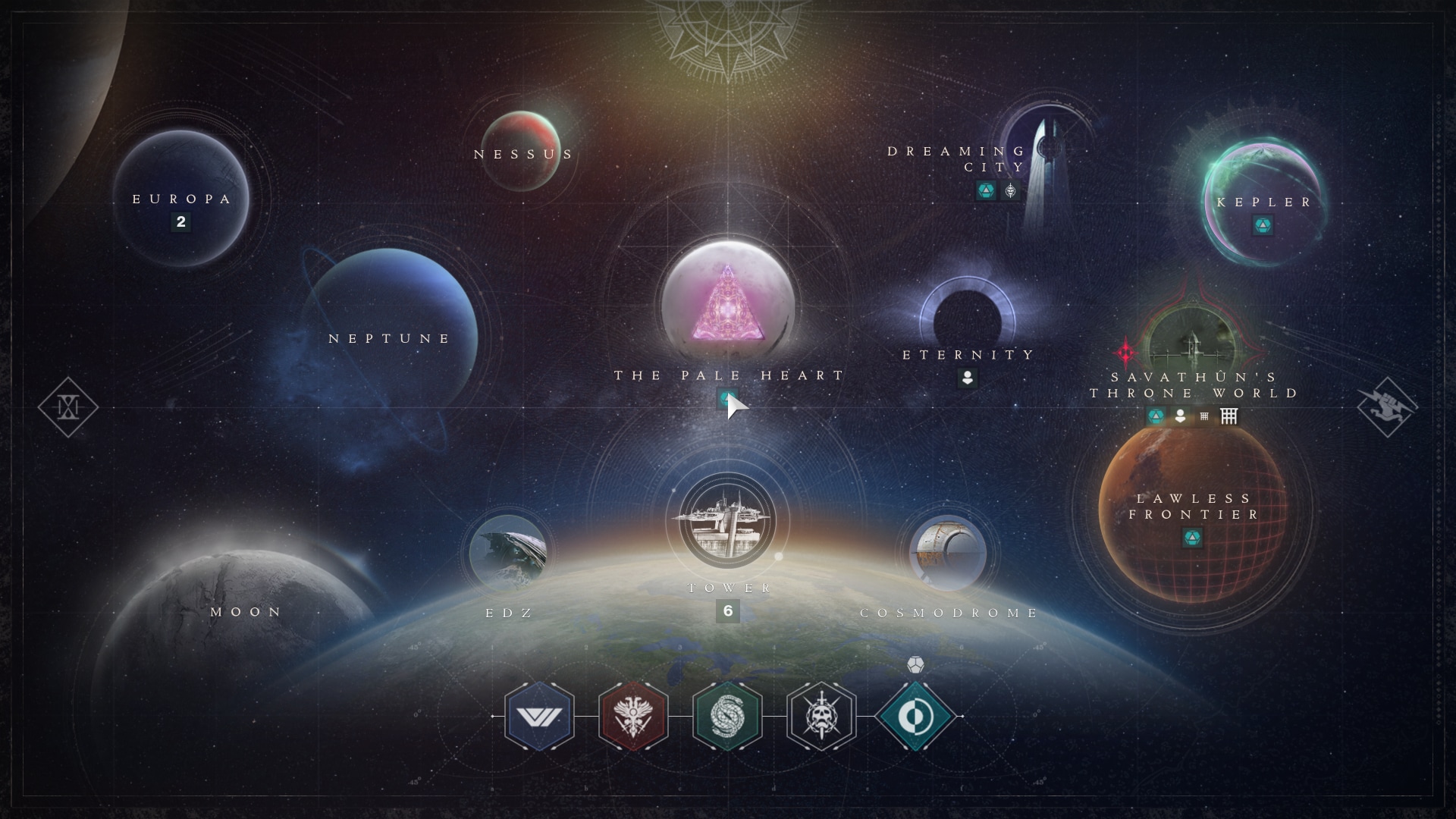 Director interface. The sun is depicted in the top center of the screen, while a large version of the planet Earth sits at the bottom center of the screen. Many other planets and destinations are visible in the distance. In the center of the screen is the Traveler, a large white orb with a triangular, kaleidoscoping portal on its face.