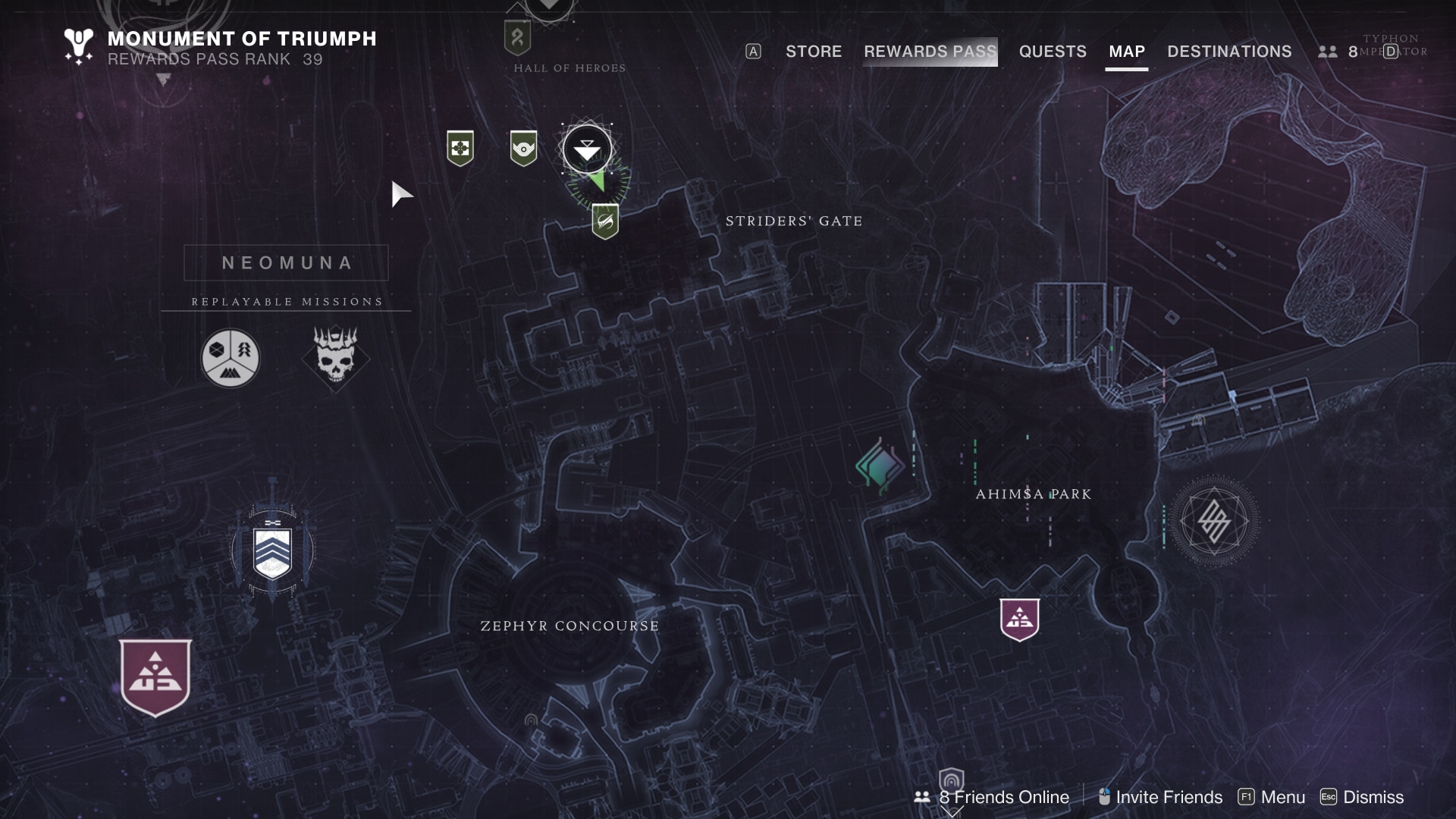 A map labeled 'Neomuna' depicting three areas labeled Striders' Gate, Ahimsa Park, and Zephyr Concourse. A smaller label for an area called 'Hall of Heroes' can be seen at the very top of the screen. The Ahimsa Park area has three activity nodes around it and features a raining data-stream visual effect over the area. The map is colored in hues ranging from a cool blue to a warmer purple.