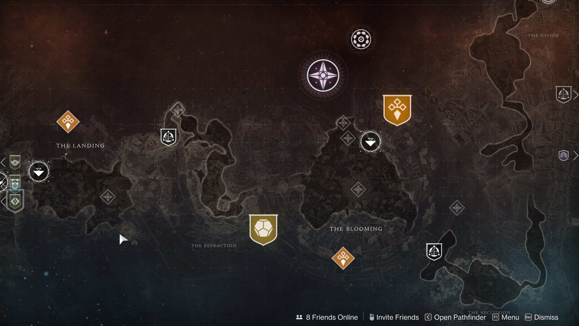A map depicting two large areas labeled The Blooming and The Landing. Smaller labels for areas called 'The Refraction', 'The Seclusion', and 'The Divide' can be seen elsewhere on the screen. The areas clearly direct the eye from the left of the screen to the right in a linear fashion with singular connections between them.