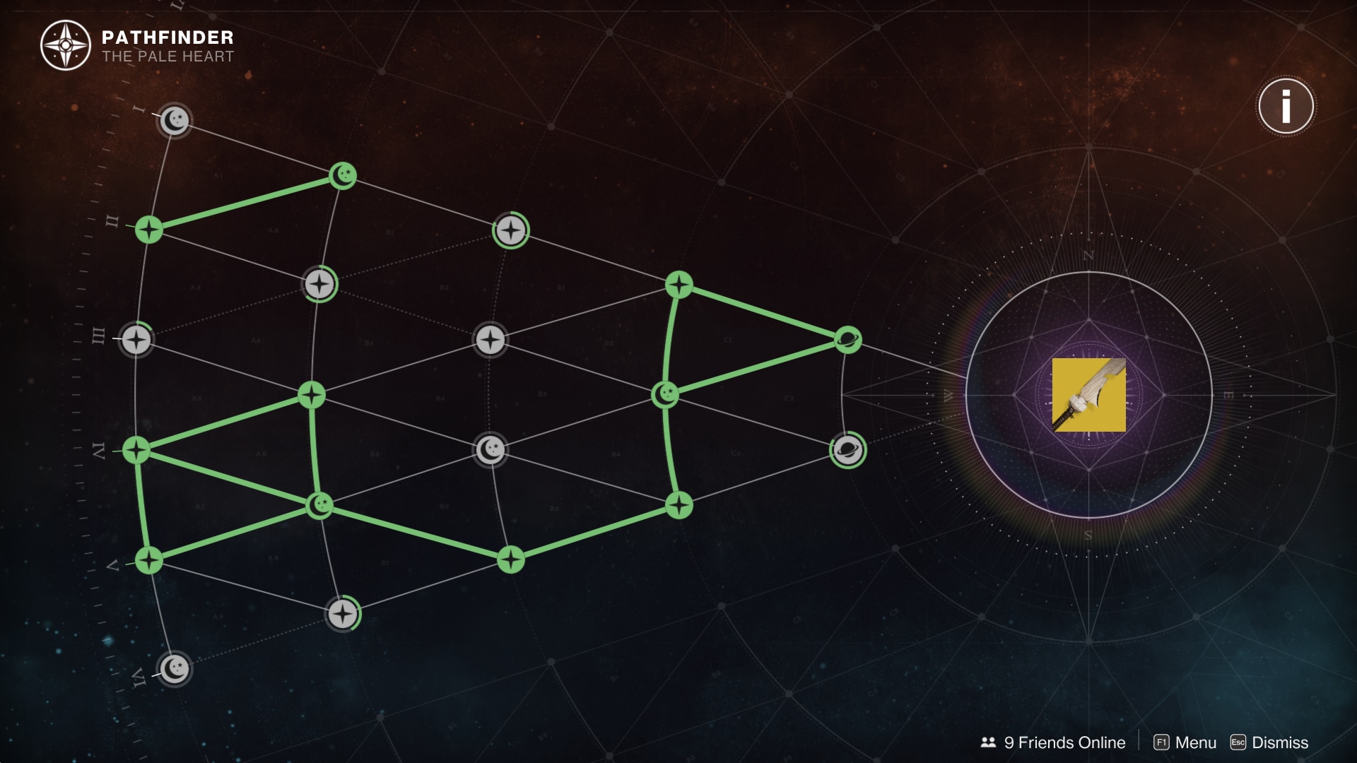 A spiderweb of interconnected nodes that leads from left to right, starting with six nodes on the left and decreasing by one with every jump rightward until it reaches the final reward node nestled in the center of a compass shaped like the player-character's robot companion, the Ghost. The final reward node is larger than all of the others and radiates light outward in a rainbow of colors. Some nodes in the web have partially-filled rings around them denoting progress, while completed and claimed nodes are rendered without a ring. Thick green lines connect the completed nodes, forming a path from the leftmost nodes to the central reward node.