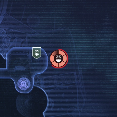 Zoomed-in view of a portion of the Tharsis Outpost map, showing an icon on top of a deep red circle with a red outline that rotates clockwise about two thirds of the way around the circle from the top. Around the icon is a ring that consists of six wedges which are filled with a peach-like color.
