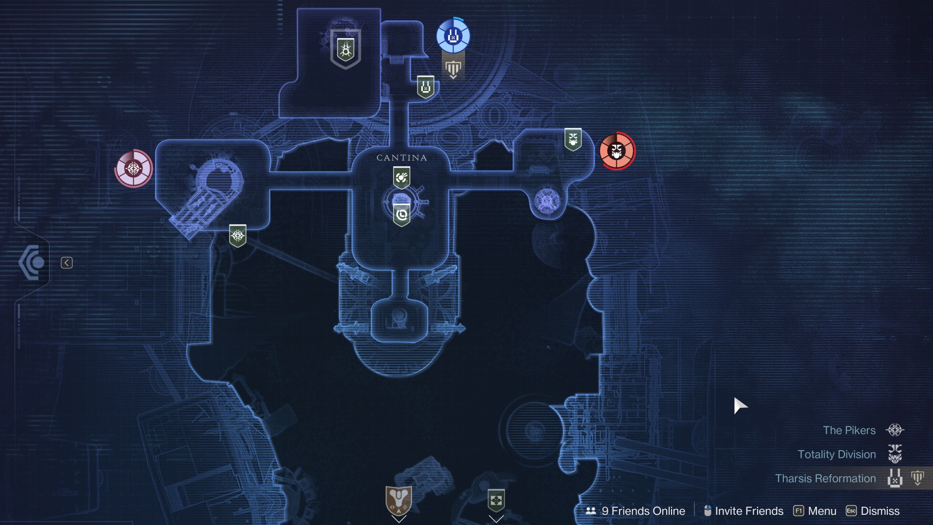 A map of Tharsis Outpost, featuring a large structure labeled Cantina with three ground-floor wings and an additional upstairs area.